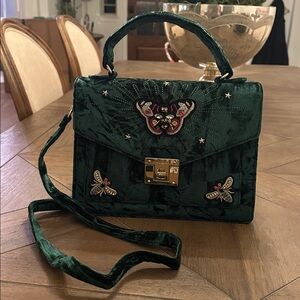 NWOT Aldo Green Velvet Beaded Satchel Crossbody Bag Purse with Butterfly Bees